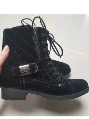 G by Guess Black Velvet Quilted  Combat Boots 6